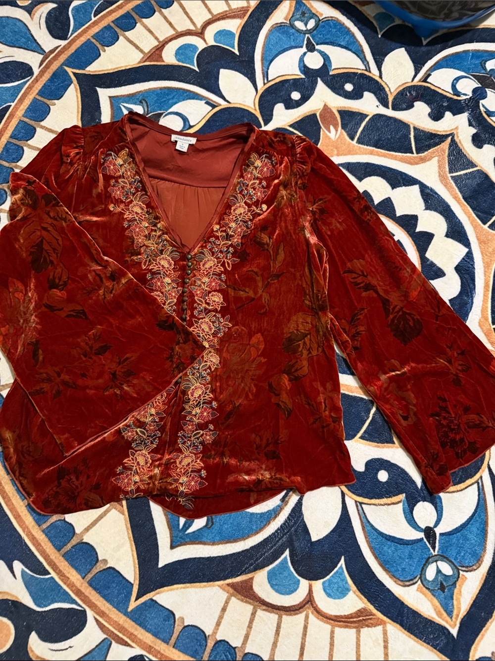 Sundance Rust Red Velvet Embroidered Button-Front Tunic - Picture 2 of 3